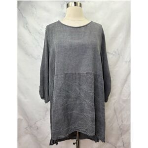 Caroline Rose Tunic Blouse Women 1X Gray Linen Relaxed Lagenlook Hi Low Boho